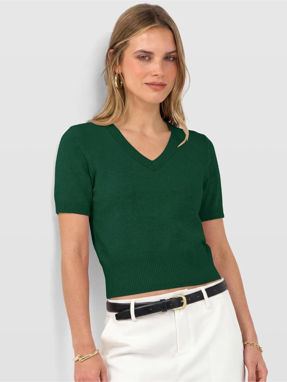 〽️Women's Forest Green Short Sleeve V Neck Business Lightweight Cropped Sweaters